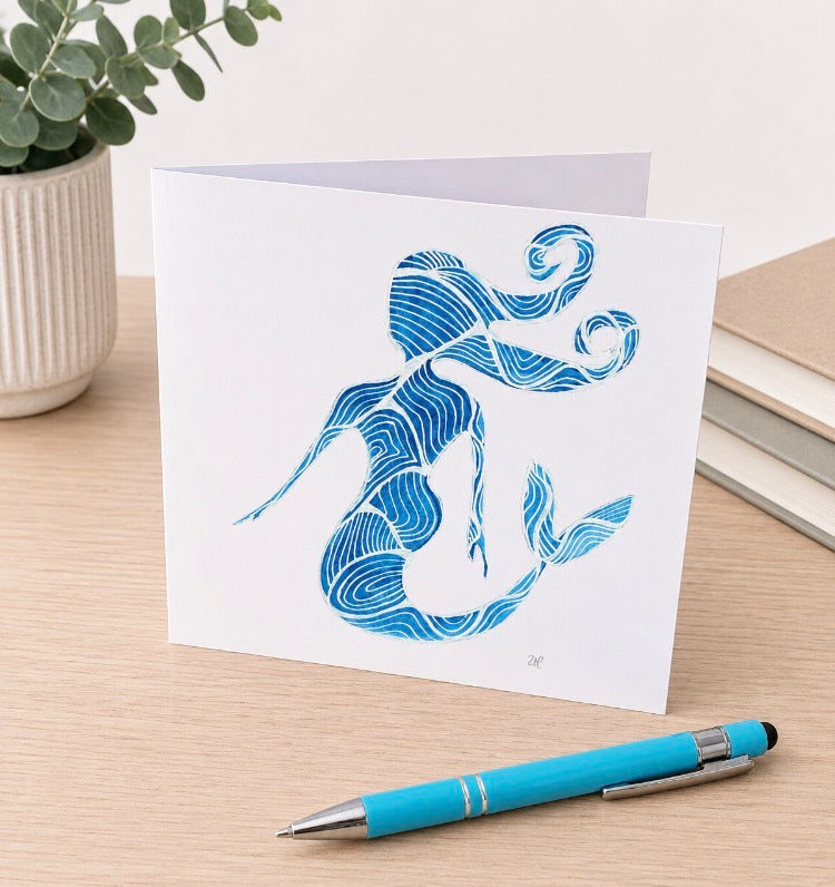 Original Hand Painted Card - Blue and White Mermaid