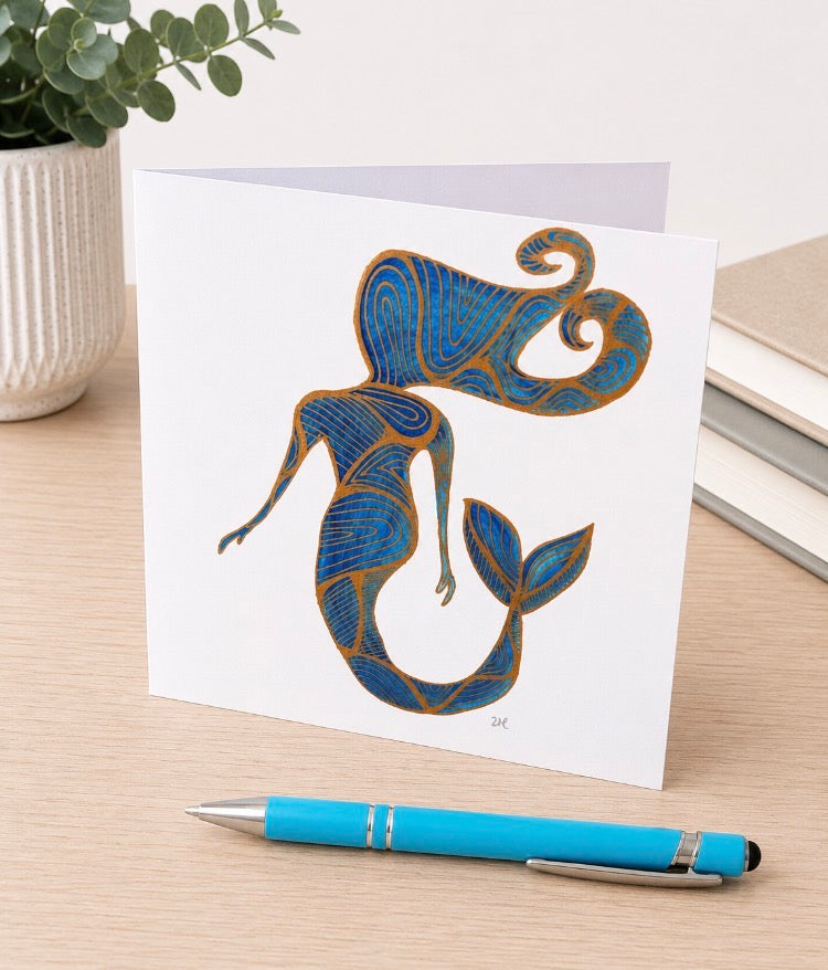 Original Hand Painted Greeting Card - Blue and Gold Mermaid
