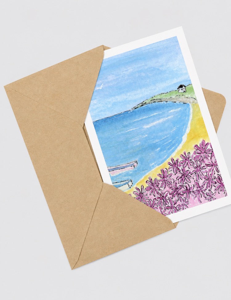 Pink Flowers on the Beach - Cornish Art Greeting Card