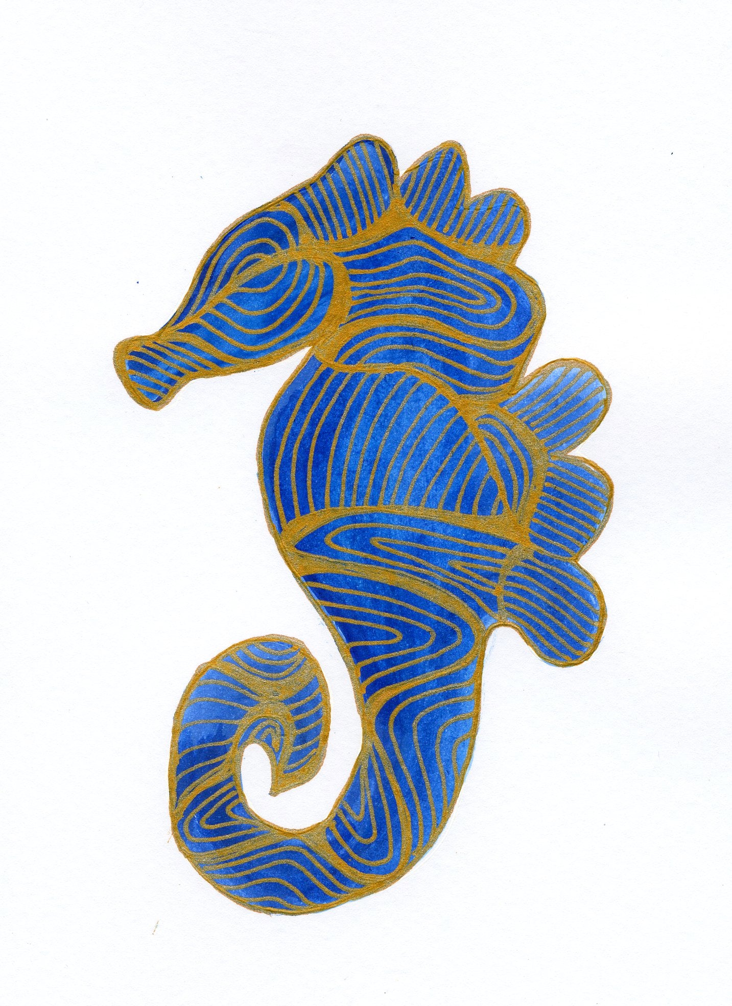 Blue and Gold Seahorse Cornish Art Printed Greeted Card