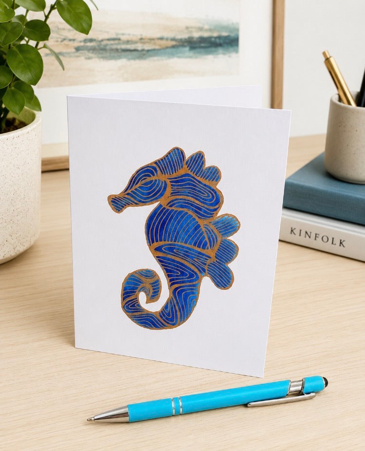 Blue and Gold Seahorse Cornish Art Printed Greeted Card