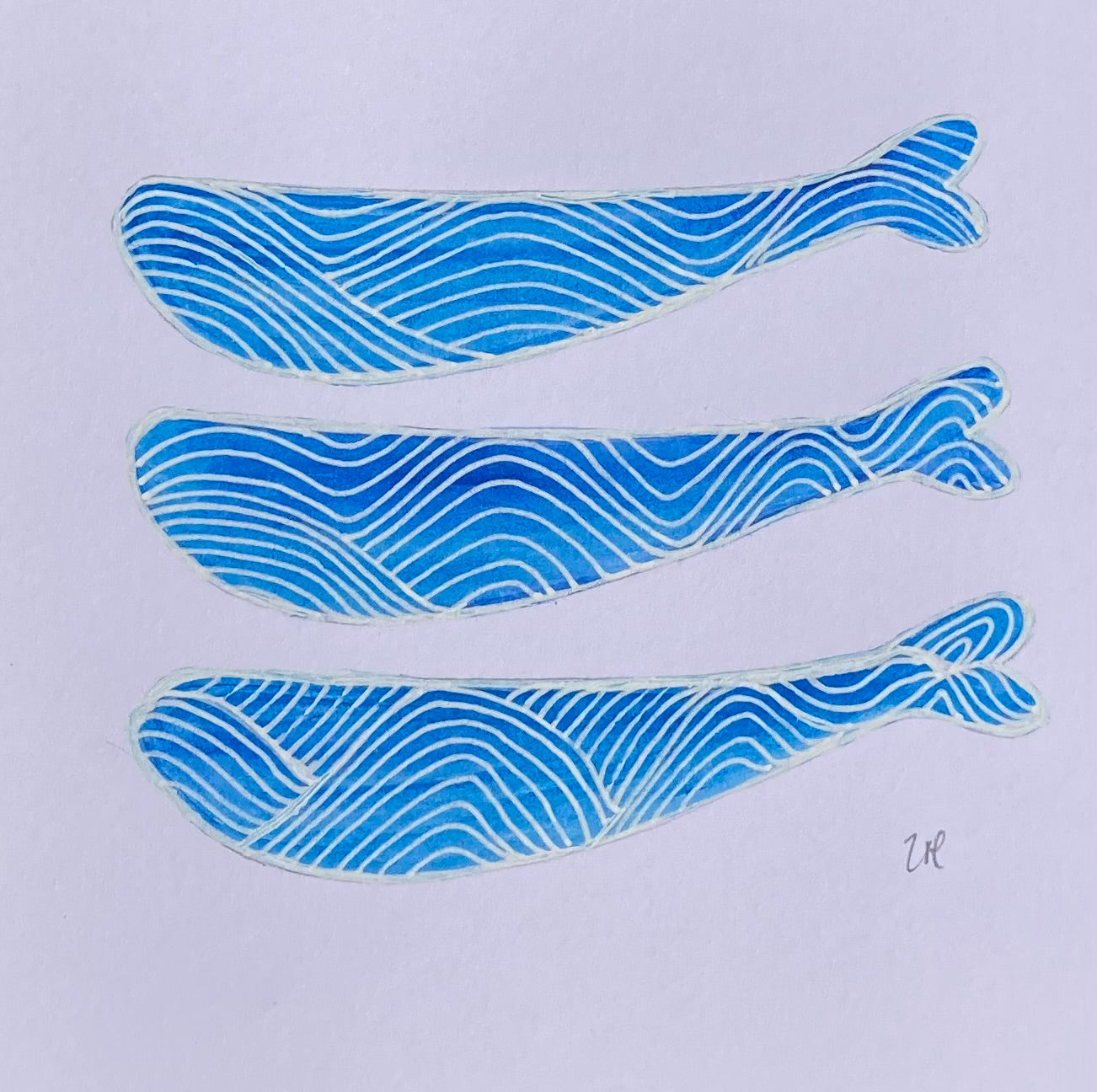 Original Hand Painted Greeting Card - Three Blue and White Fish