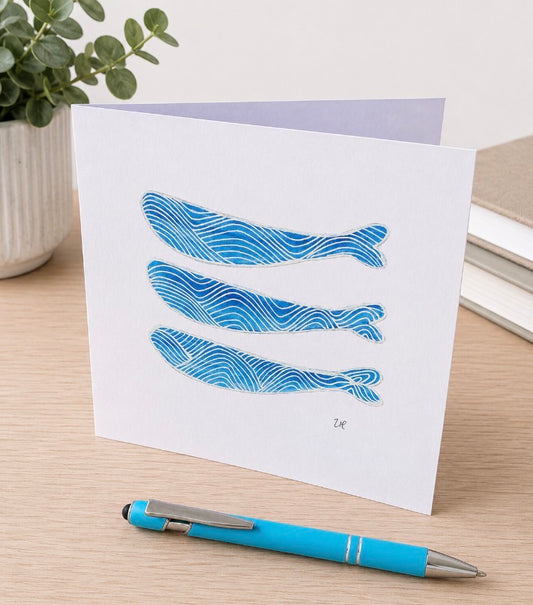 Original Hand Painted Greeting Card - Three Blue and White Fish