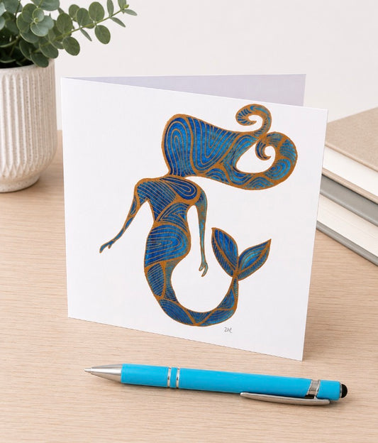 Original Hand Painted Greeting Card - Blue and Gold Mermaid