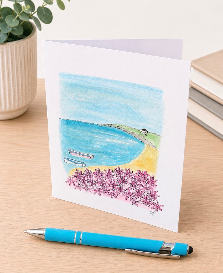 Original Hand Painted Greeting Card - Pink Flowers at the Beach