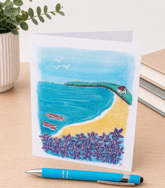 Original Hand Painted Greeting Card - Purple Flowers at the Beach