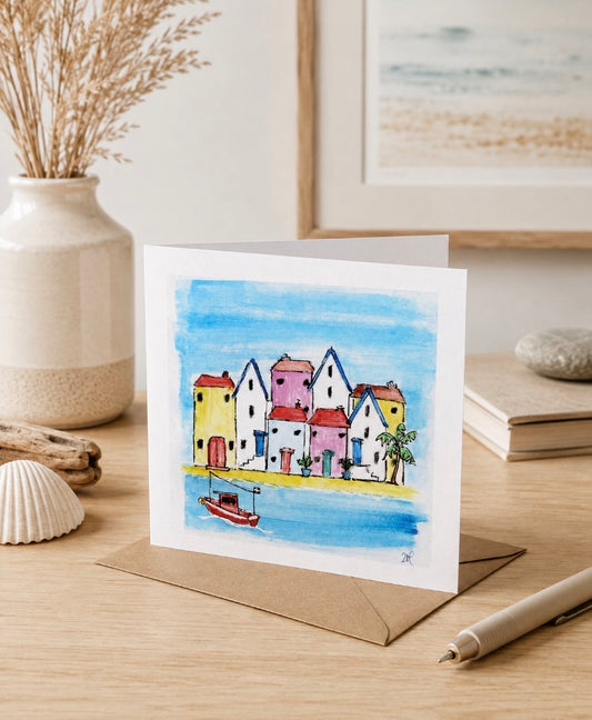 Cornish Cottages with Red Boat - Cornish Art Printed Greeting Card
