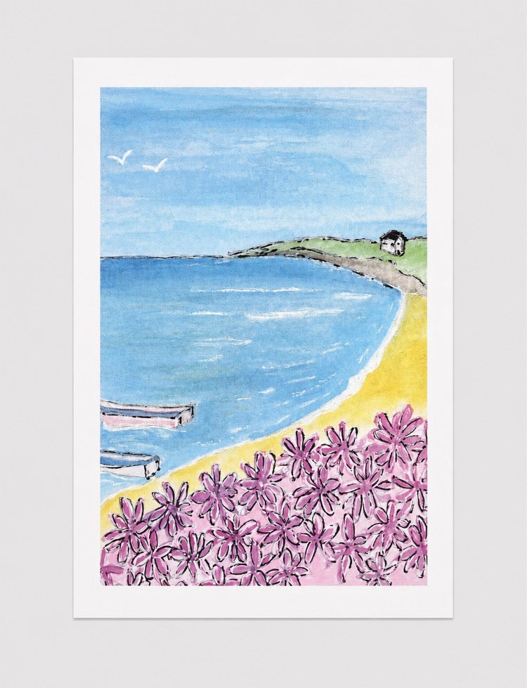 Pink Flowers on the Beach - Cornish Art Greeting Card