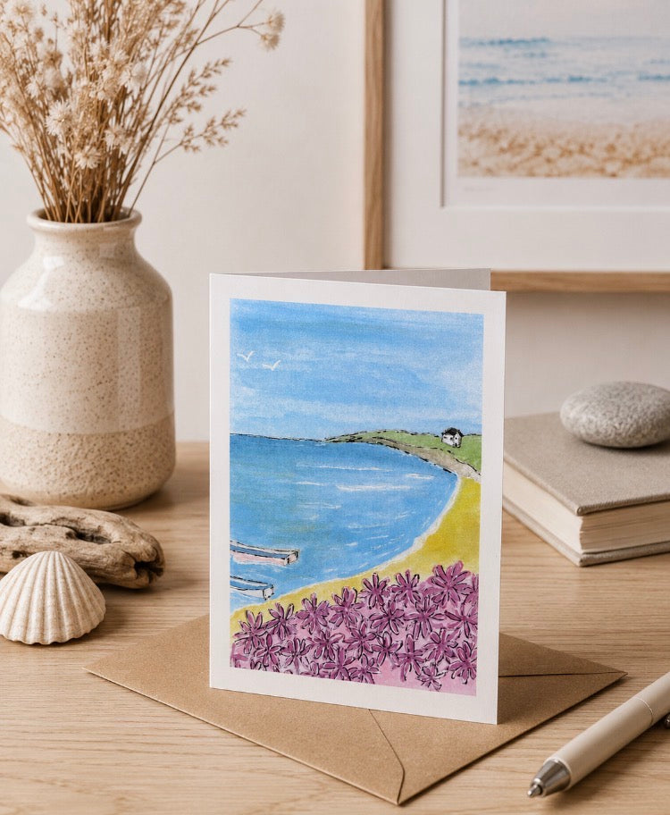 Pink Flowers on the Beach - Cornish Art Greeting Card