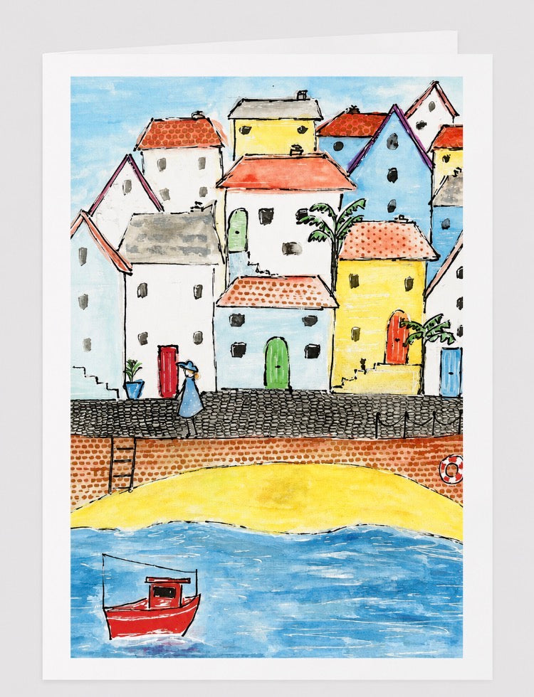 At the Harbour - Cornish Art Printed Greeting Card