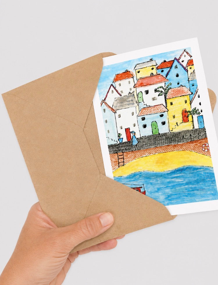 At the Harbour - Cornish Art Printed Greeting Card