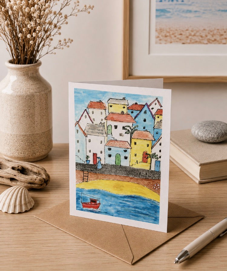 At the Harbour - Cornish Art Printed Greeting Card