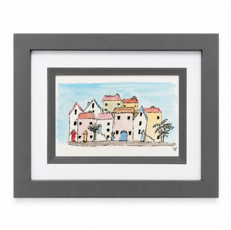 Seaside Cottages Watercolour and Ink Framed Original