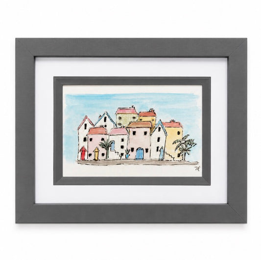Seaside Cottages Watercolour and Ink Framed Original