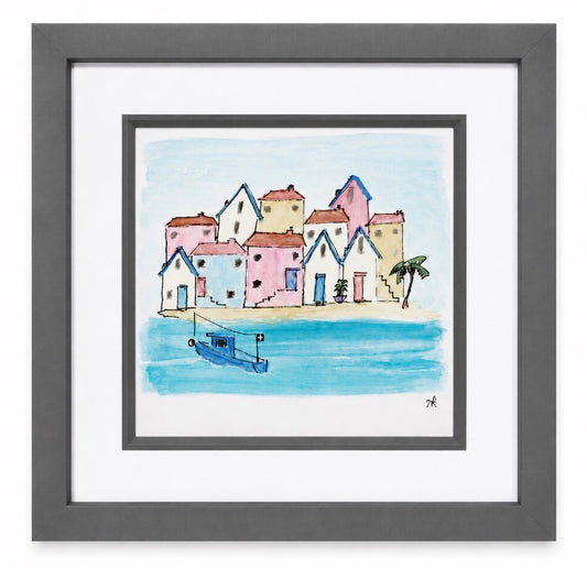 Cornish Cottages Watercolour and Ink Framed Original Painting