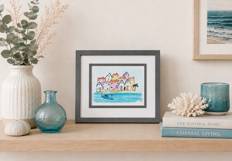 Seaside Cottages Watercolour and Ink Framed Original