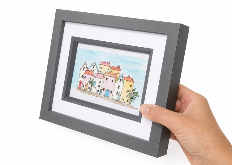 Seaside Cottages Watercolour and Ink Framed Original