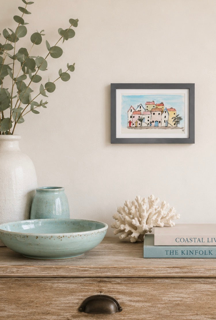 Seaside Cottages Watercolour and Ink Framed Original