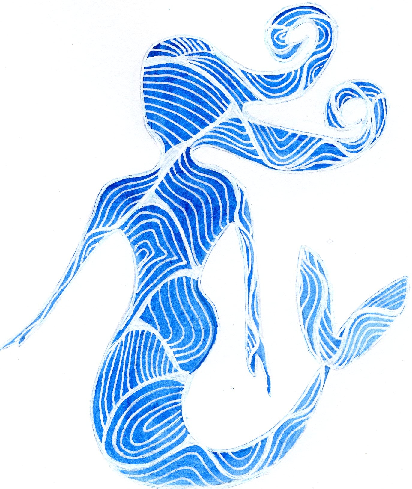 Original Hand Painted Card - Blue and White Mermaid