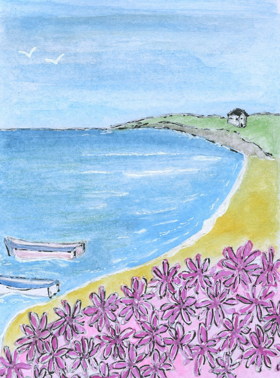 Original Hand Painted Greeting Card - Pink Flowers at the Beach