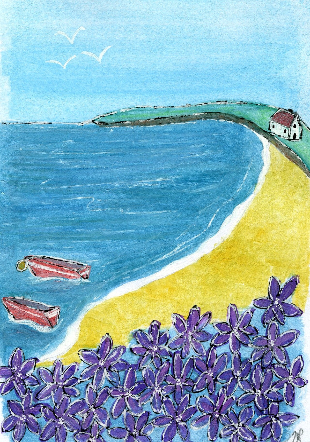 Original Hand Painted Greeting Card - Purple Flowers at the Beach